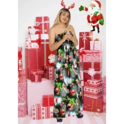 LA LEELA Women's A Line Slit Smocked Maxi Casual Beach Dress Tube Top Evening Long Strapless Christmas Outfits For Women