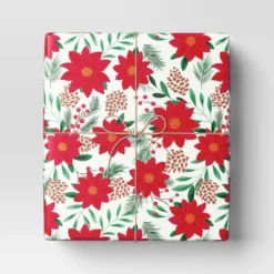 30" 50 Sq Ft Christmas Roll Wrap Poinsettia On Cream - Wondershop™