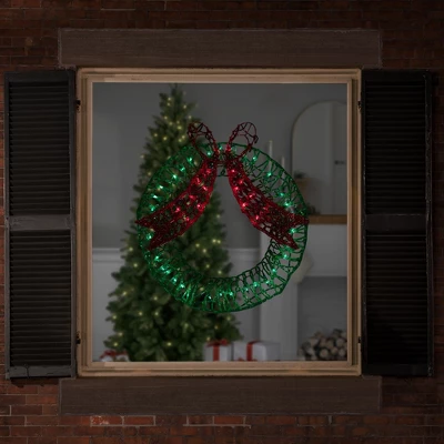 Northlight 20" Green And Red Lighted Wreath And Bow Christmas Window Silhouette Decoration 4 Northlight 20" Green And Red Lighted Wreath And Bow Christmas Window Silhouette Decoration - Image 2