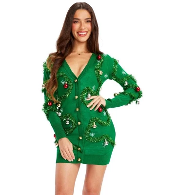 Tipsy Elves Bright Green Gaudy Garland Sweater Dress - Tinsel And Ornamed Christmas Party Dress Women 5 Tipsy Elves Bright Green Gaudy Garland Sweater Dress - Tinsel And Ornamed Christmas Party Dress Women - Image 3
