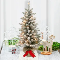 3ft Puleo Pre-Lit Flocked Fraser Fir Artificial Christmas Tree Clear Lights: Burlap Base, Indoor Use