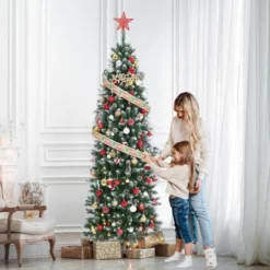 Pre-Lit Slim Christmas Tree With Warm White Lights, Pine Cones & Metal Stand — Weather-Resistant PVC Tips, 6/7.5/9/12 Ft -Christmas Gifts Store GUEST 8f6f15fc e1b0 4111 96e9 f106503dd138