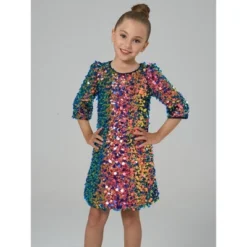 2Bunnies Girls Christmas New Year's Multicolor Sequin 3/4 Sleeve Dress