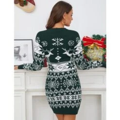 Women's Cute Ugly Christmas Sweater Dress Long Sleeve Crew Neck Pullover Reindeer Snowflakes Printed Holiday Mini Sweater Dress