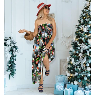 LA LEELA Women's A Line Slit Smocked Maxi Casual Beach Dress Tube Top Evening Long Strapless Christmas Outfits For Women 6 LA LEELA Women's A Line Slit Smocked Maxi Casual Beach Dress Tube Top Evening Long Strapless Christmas Outfits For Women - Image 4